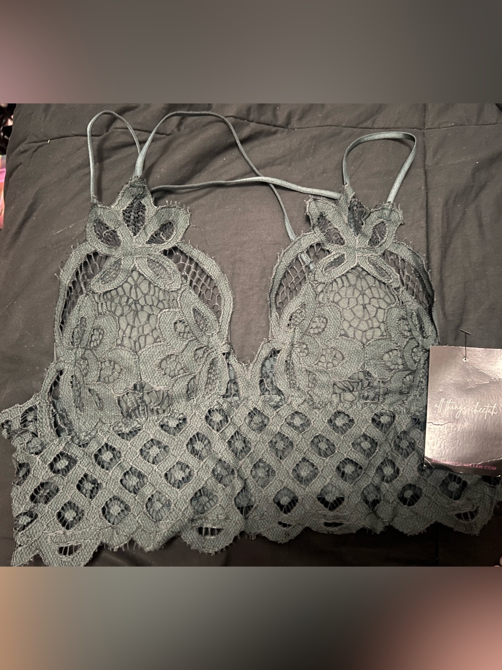 Lace Bralette with Floral Appliqué - Dark Green